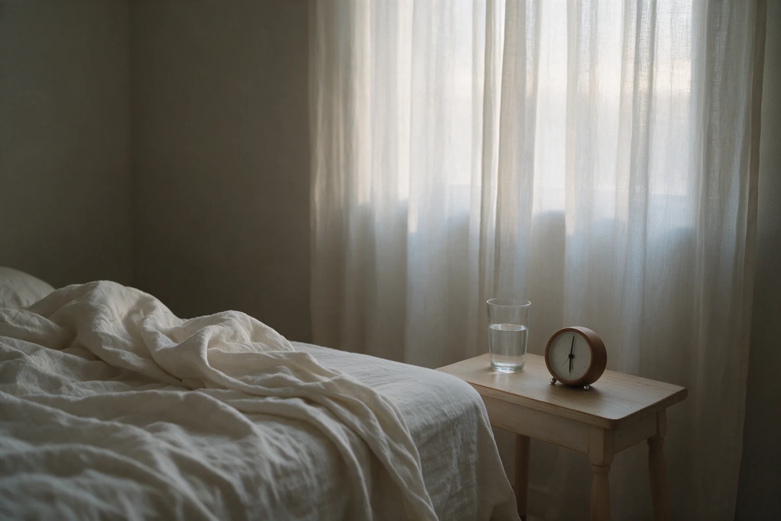 A quiet bedroom at first light: rumpled white linen bedding, sheer curtains at the window, and a pale wooden bedside table holding a glass of water and a small round analogue alarm clock