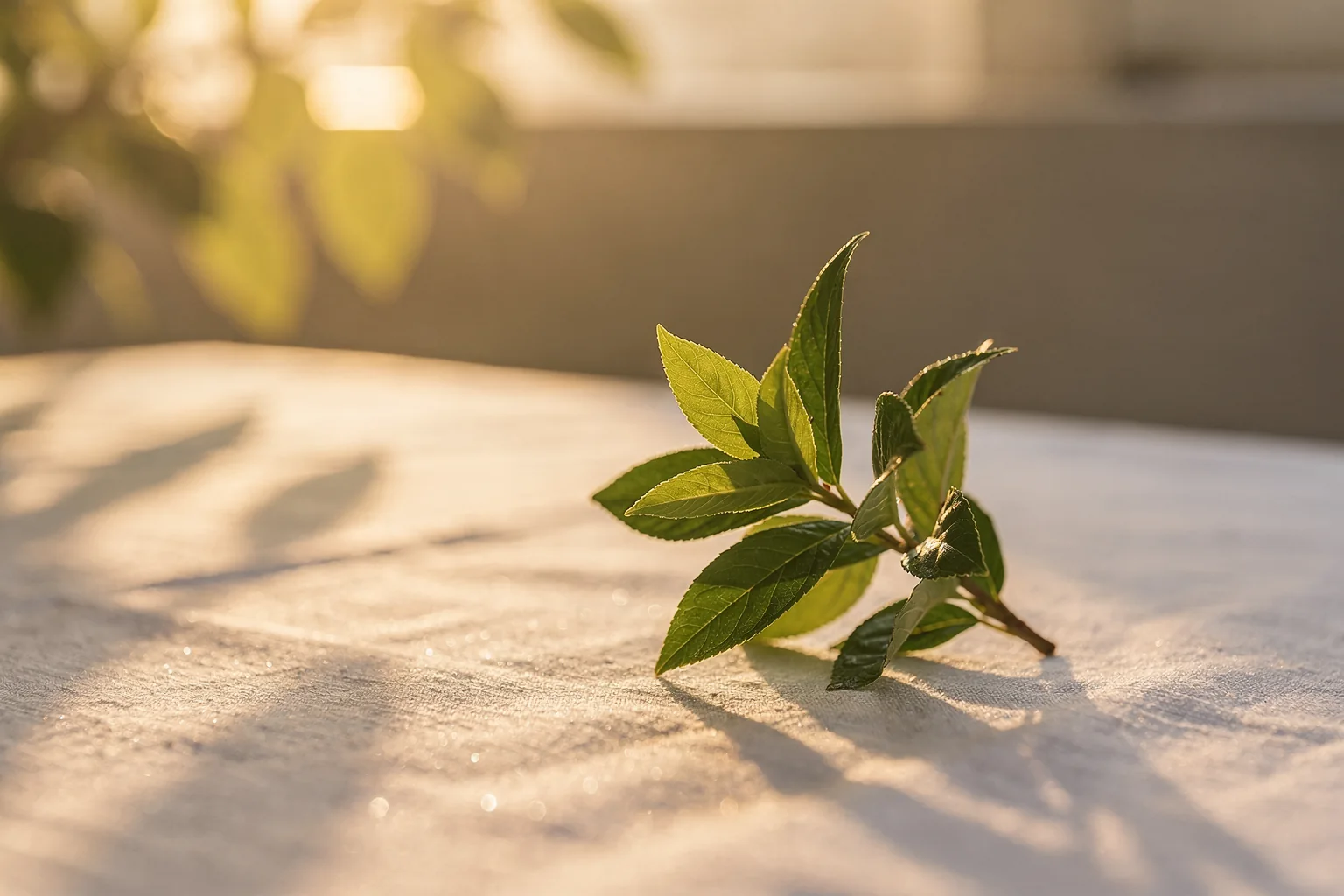 A fresh green leaf sprig backlit by warm low sunlight on pale linen