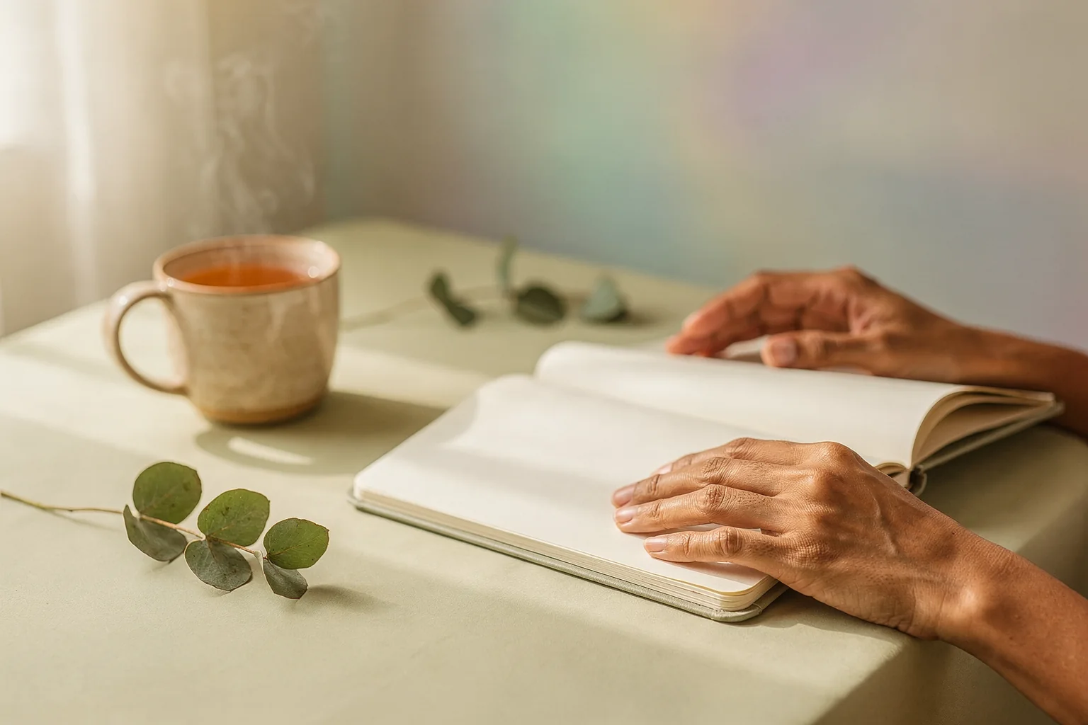 Hands resting on an open journal beside a cup of tea and eucalyptus — a calm moment of reflection