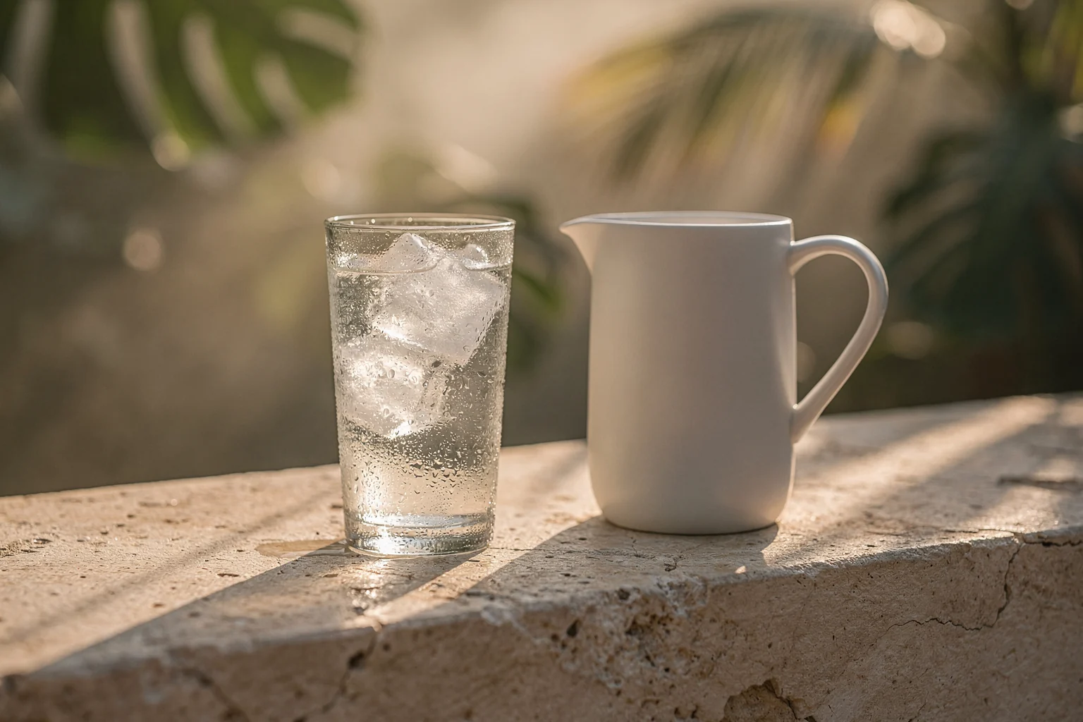 A tall glass of iced water beaded with condensation beside a plain ceramic jug on a pale stone ledge, with out-of-focus tropical leaves and warm afternoon light behind