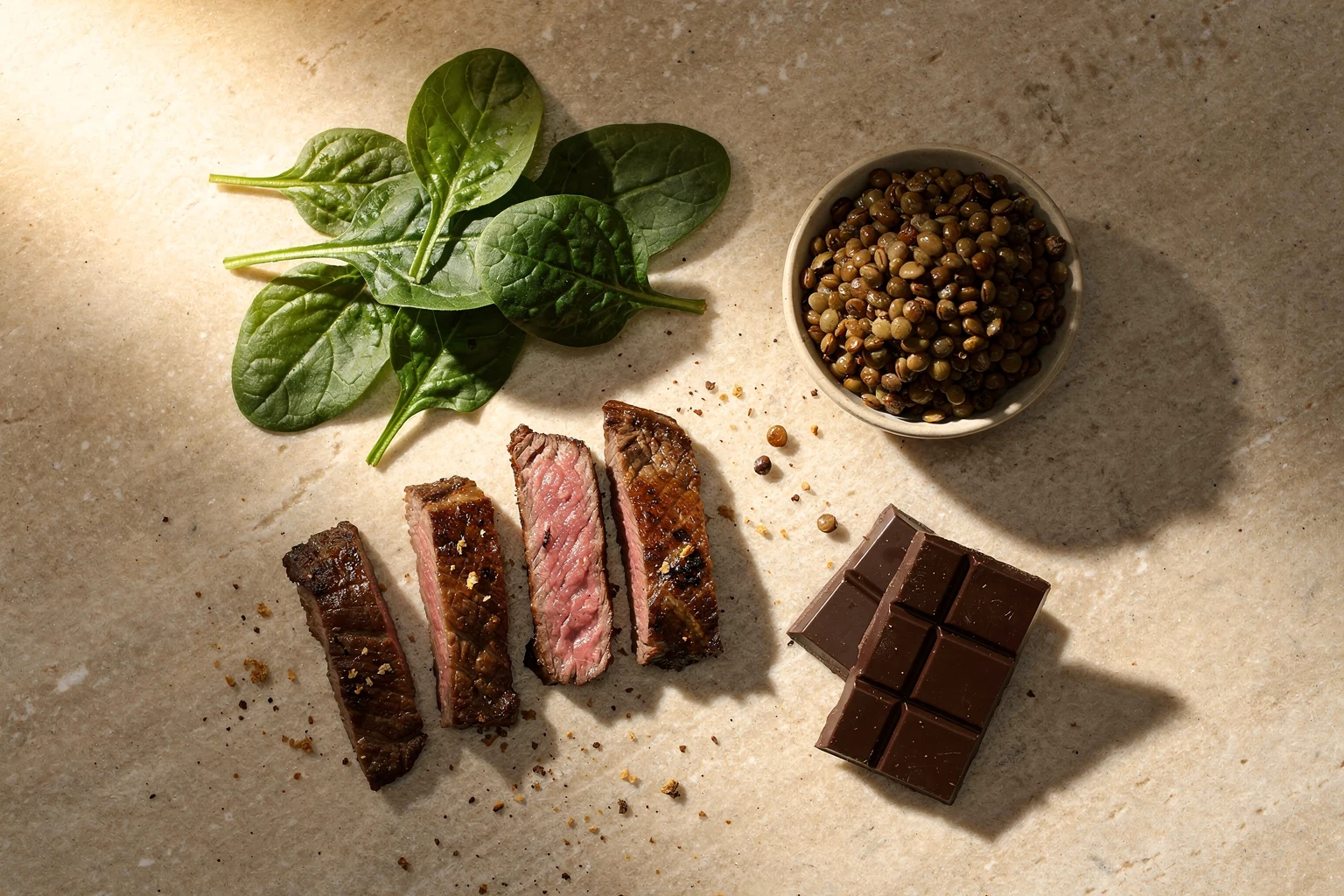 A warm still-life flatlay of iron-rich foods: seared beef strips, fresh spinach leaves, cooked lentils and a few squares of dark chocolate on a pale stone surface in soft daylight