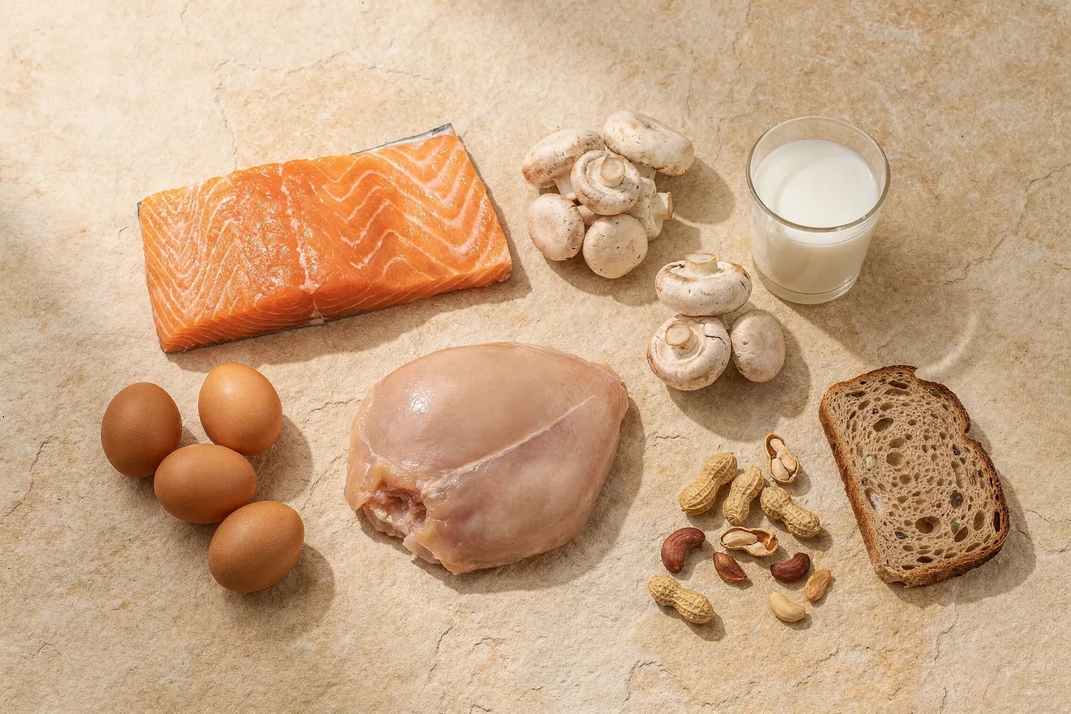 Everyday foods that supply the building blocks of NAD+, including salmon, eggs, chicken, mushrooms, milk, peanuts and wholegrain bread, arranged on a pale stone surface in soft daylight