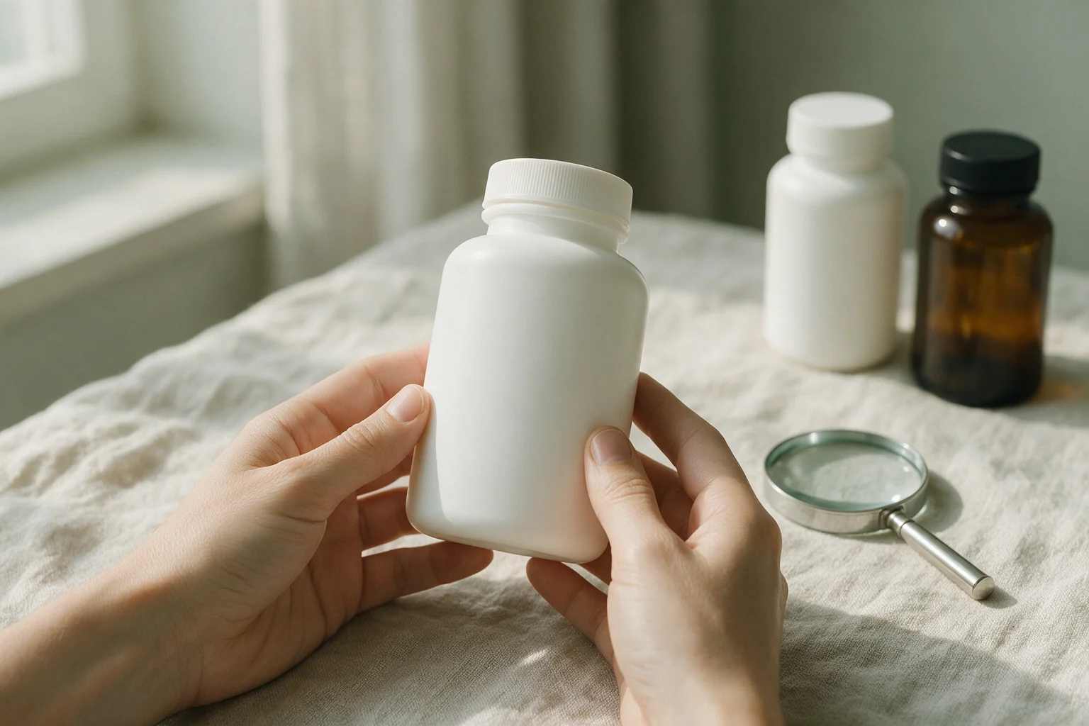 Two hands holding a plain, unlabelled white supplement bottle turned to show its blank back panel, on a pale linen surface in soft window light, with a small magnifying glass and two other unmarked bottles resting nearby