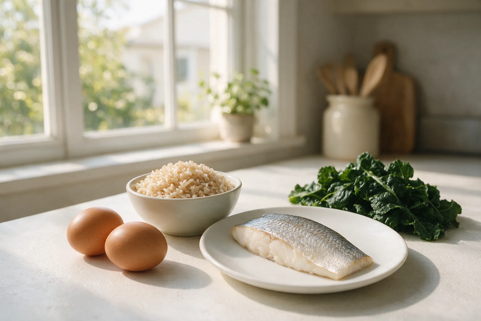 A pale kitchen counter in soft morning light beside a bright window, holding whole foods that carry B vitamins: two brown eggs, a small ceramic bowl of brown rice, a loose bunch of dark leafy greens, and a fish fillet with silvery skin on a plain white plate